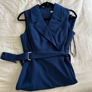 NWT Blue Navy Calvin Klein A-line midi belted wrap collared dress size 6 small